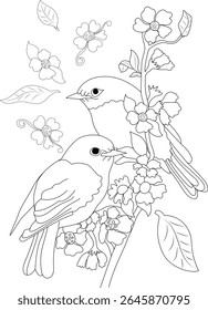 Charming Line Art Illustration of Two Sweet Love Birds Perched on a Branch Amidst Beautifully Detailed Flowers and Leaves - Ideal for Coloring Books, Nature Designs, and Romantic Themes.