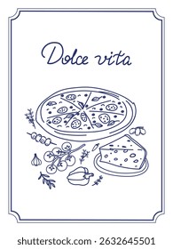 Charmosa arte de linha de pizza e queijo com ingredientes italianos clássicos que captura a essência de Dolce Vita . Perfeito para temas e conceitos alimentares italianos.
