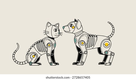 Charming line art of a robot cat and a robot dog facing each other representing futuristic technology and artificial intelligence.