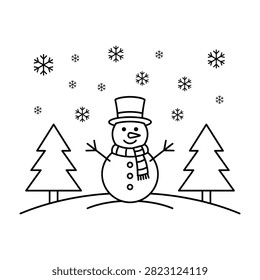 A charming line art scene featuring a friendly snowman wearing a top hat and scarf, standing between two pine trees while snow falls gently in a peaceful winter.