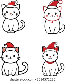 A charming line art vector illustration of a cute Christmas cat, featuring simple, clean outlines. The cat is adorned with festive holiday elements like a Santa hat or ornaments, making it perfect 