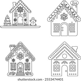 A charming line art vector illustration of a gingerbread house, adorned with intricate details of frosting, candy canes, and festive decorations, perfect for holiday-themed designs.