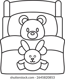 A charming line drawing of a child's bed with a teddy bear and a bunny toy tucked in, ready for sleep. This illustration is isolated on a white background.