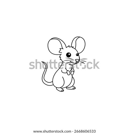 A charming line drawing of a cute cartoon mouse. Simple, black and white illustration.