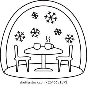 Um charmoso desenho de linha retrata uma acolhedora cena de inverno dentro de uma cúpula, com uma mesa com duas xícaras de café fumegante e duas cadeiras, cercadas por flocos de neve caindo, isolados sobre fundo branco.