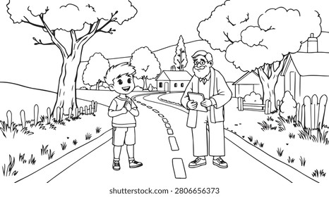 Charming line drawing depicts a joyful child meeting an older man with a clipboard. Useful for educational materials or community themes.