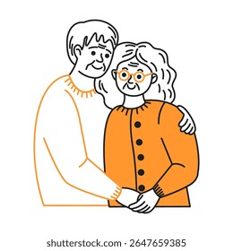 Encantador desenho de linha de um casal de idosos abraçando. Eles compartilham calor e afeto. A ilustração apresenta linhas simples com destaques laranja em negrito em um plano de fundo branco.