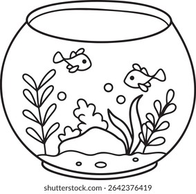 A charming line drawing illustration of a fishbowl with two fish, aquatic plants, and rocks. Perfect for children's books, coloring pages, or educational materials.