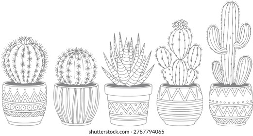 A charming line featuring a variety of potted cacti and succulents with decorative patterned pots, coloring or