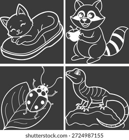 Charmosas ilustrações animais lineares: gato, guaxinim, joaninha e lagarto em linha branca simples estilo de arte para desenhos infantis