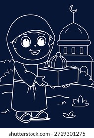 Charming Linear Illustration of a Boy with a Gift in Front of a Mosque, Perfect for Islamic Festival Celebrations and Cultural Designs