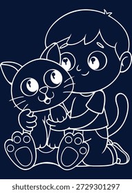 Charmante lineare Illustration eines Jungen, der ein Kätzchen umarmt, skurriler Kunststil für Kinderdesigns und islamische Festspieldekorationen
