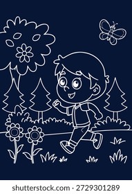 Charmante lineare Illustration eines Jungen, der durch eine florale Landschaft mit einem Schmetterling läuft, perfekt für Kinderbücher und Designs