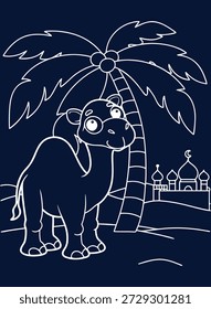 Charmosa ilustração linear de um camelo perto de uma mesquita com palmeira, ideal para desenhos de festivais islâmicos e obras de arte culturais