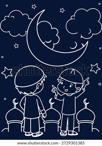 Charming linear illustration of children admiring the crescent moon and mosque silhouettes during an Islamic festival night.