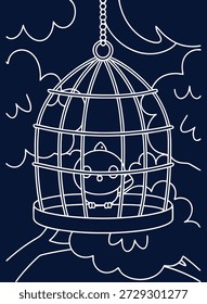 Encantadora ilustración lineal de un lindo gato dentro de una jaula de pájaros decorativa, perfecta para el arte infantil y los Diseños del festival islámico
