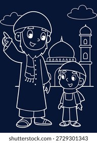 Charmosa ilustração linear de pai e filho com fundo de mesquita, perfeito para desenhos de festivais islâmicos e celebrações culturais