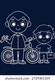 Charmosa ilustração linear de pai e filho com bicicleta, perfeito para desenhos de tema familiar e celebrações do festival islâmico