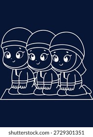 Charmante lineare Illustration von vier jungen Mädchen in traditionellen islamischen Kopftüchern, perfekt für kulturelle Feiern und festliche Designs