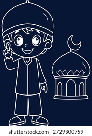 Charming Linear Illustration of a Smiling Boy in Traditional Islamic Attire with a Crescent Moon Mosque