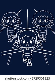 Charmante lineare Illustration von drei Kindern, die den Sieg feiern, perfekt für islamische Festspiele und künstlerische Projekte