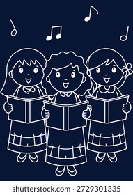 Charmosa ilustração linear de três jovens meninas cantando em um coro com notas musicais, perfeito para ocasiões festivas