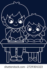 Charmosa ilustração linear de duas crianças lendo juntas em uma mesa, perfeito para materiais educacionais e livros de história