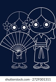 Encantadora ilustración lineal de dos niñas con ropa tradicional con un ventilador, perfecta para celebraciones culturales y Diseños festivos