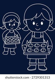Charmante lineare Illustration von zwei jungen Mädchen, die Tabletts mit Keksen halten, perfekt für festliche Designs und künstlerische Projekte