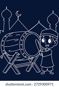Encantadora ilustración lineal de un niño tocando un tambor tradicional frente a una mezquita durante un festival islámico