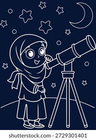 Encantadora ilustración lineal de una joven musulmana mirando al cielo nocturno a través de un telescopio, perfecta para materiales educativos