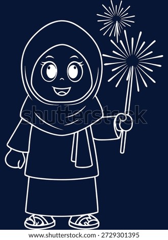 Charming Linear Illustration of a Young Muslim Girl Holding Sparklers, Celebrating a Festive Occasion with Joyful Expression