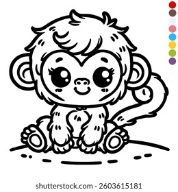A charming line-art drawing of a baby monkey with large, expressive eyes and a friendly smile.