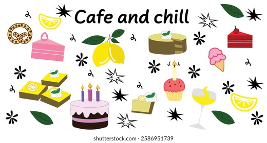 A charming line-art illustration set for coffee and pastry café. Featuring freshly brewed coffee, croissants, cakes and bread. Perfect for coffee lovers, bakery branding, stickers, menu designs.