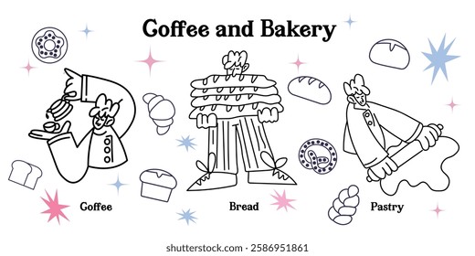 A charming line-art illustration set for coffee and pastry café. Featuring freshly brewed coffee, croissants, cakes and bread. Perfect for coffee lovers, bakery branding, stickers, menu designs.