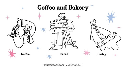 A charming line-art illustration set for coffee and pastry café. Featuring freshly brewed coffee, croissants, cakes and bread. Perfect for coffee lovers, bakery branding, stickers, menu designs.