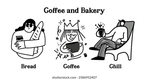 A charming line-art illustration set for coffee and pastry café. Featuring freshly brewed coffee, croissants, cakes and bread. Perfect for coffee lovers, bakery branding, stickers, menu designs.