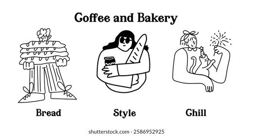 A charming line-art illustration set for coffee and pastry café. Featuring freshly brewed coffee, croissants, cakes and bread. Perfect for coffee lovers, bakery branding, stickers, menu designs.