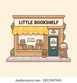 Charming little bookstore facade featuring a cute sleeping owl on a wooden stool with whimsical