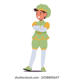 Charming Little Boy Dons A Regal Prince Costume, Complete With A Gleaming Luxurious Crown, Kid Character Embodying Youthful Royalty And Innocent Grandeur. Cartoon People Vector Illustration