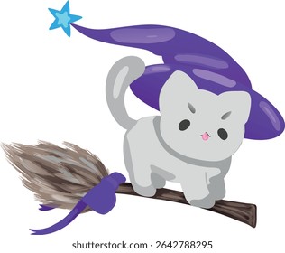 A charming little cat rides gracefully on a broom, wearing a pointy witch hat . Perfect for Halloween themes, enchanted stories, or magical artwork lovers
