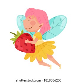 Charming Little Fairy or Pixie with Wings Carrying Strawberry Vector Illustration