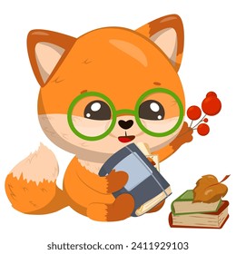 A charming little fox with glasses is reading a book. A fox with a book and a sprig of rowan. Vector illustration of drawings, prints and patterns.