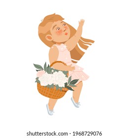 Charming Little Girl in Fancy Dress as Bride and Groom Attendant Carrying Basket with Flowers Vector Illustration