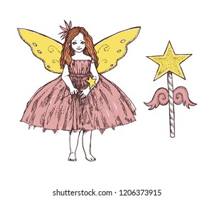 Charming little girl with a magic wand and fairy wings. A little angel. Graphic hand drawn illustration.