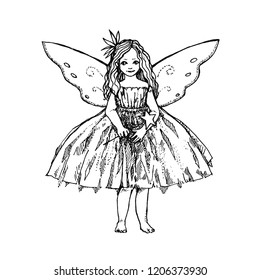 Charming little girl with a magic wand and fairy wings. A little angel. Graphic hand drawn illustration.