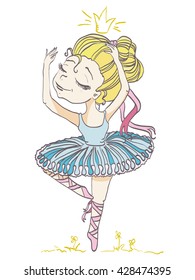 Charming little girl with a ribbon in her hair dancing ballet. Print on clothes and accessories for children. Vector illustration.