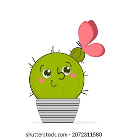 a charming little round green cactus in a pot smiles and looks at a cute pink butterfly that sat on top of it, vector illustration, romantic postcard