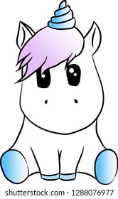 
Charming little unicorn with long bangs sitting, vector drawing