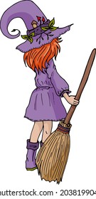 A charming little witch girl in a hat with a broom. Vector image
